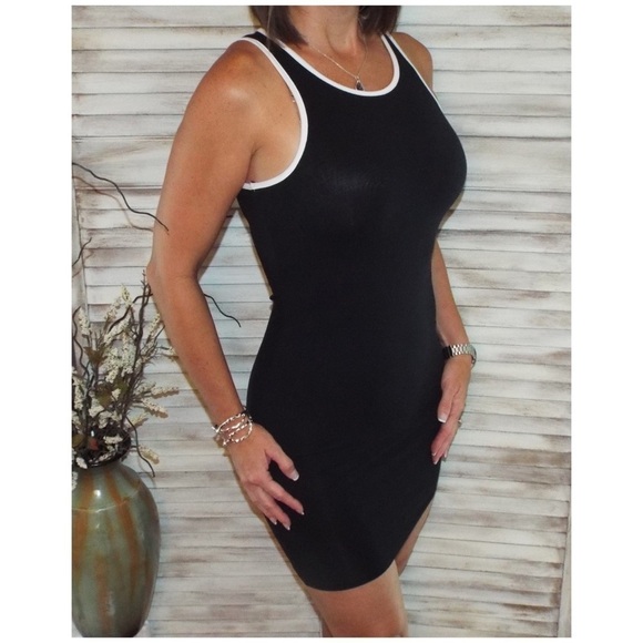 🛍LAST 1 Bodycon Contrast Piping Tank Dress Black 1919 - Picture 6 of 7